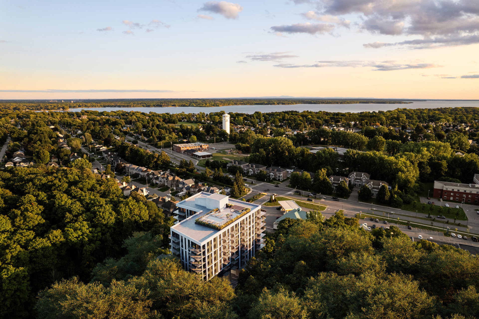 Représentation aérienne par drone des condo locatifs Maupas à Deux-Montagnes